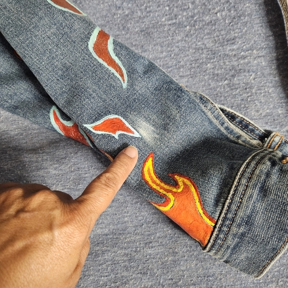 Madewell Blue Denim Medium Wash Trucker Jacket With Painted Flames Size Medium - Picture 10 of 10